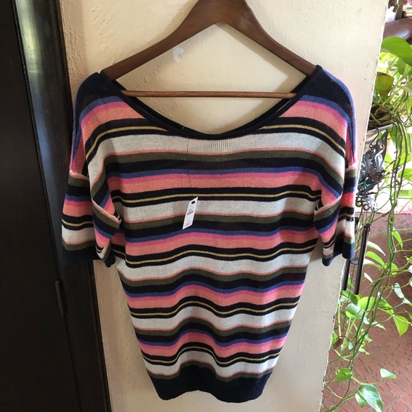 Talbots Linen Short Sleeve Sweater. Navy Multicolor Stripes. Size Medium - Picture 5 of 11